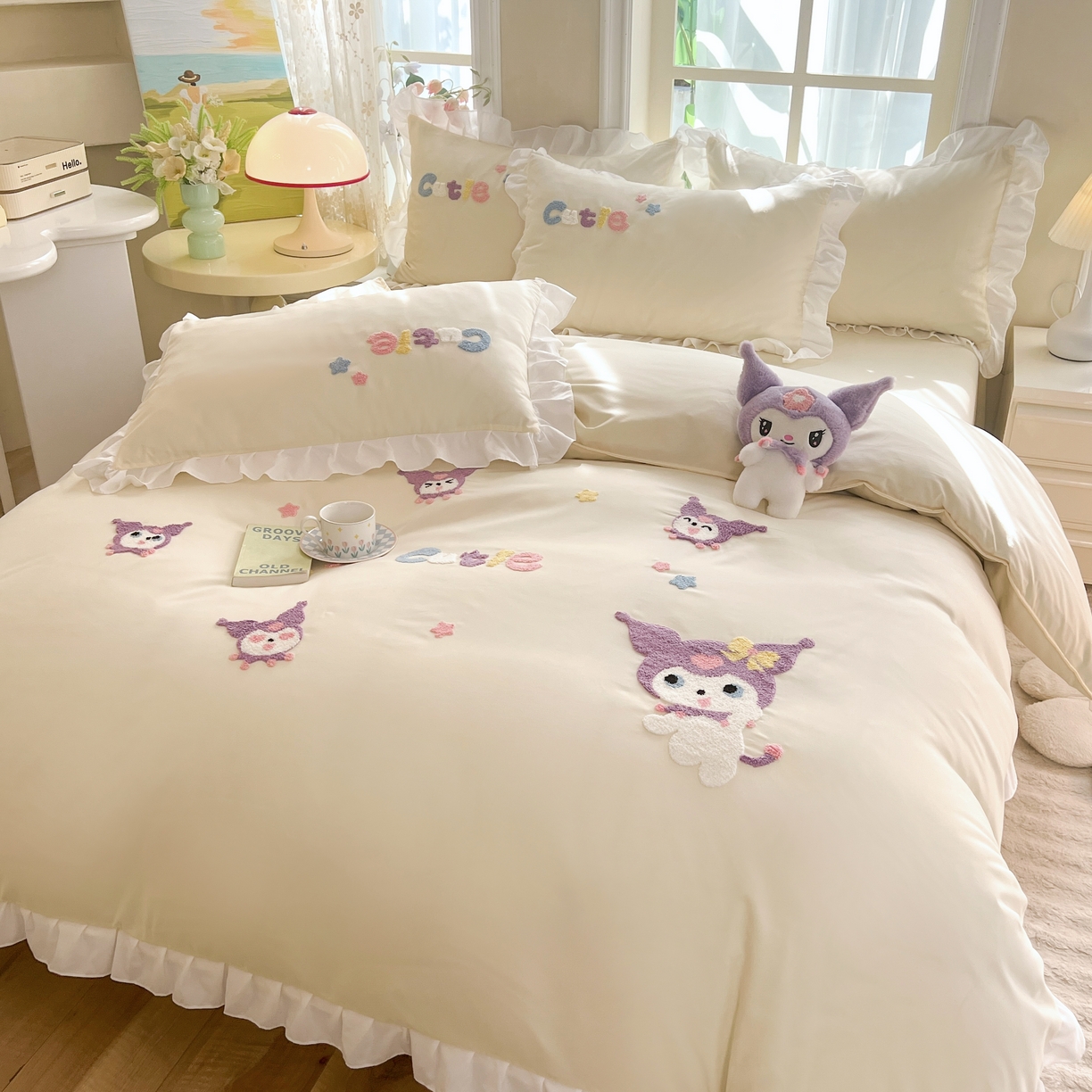 91家纺网 家纺一手货源 找家纺 雨菲家纺 2025新款学生季水洗棉毛巾绣花荷叶花边三件套四件套床单床笠款 米米兔杏