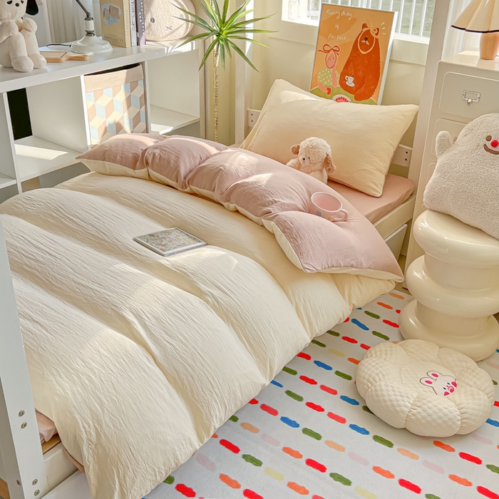 91家纺网 家纺一手货源 找家纺 韩巢家纺 2025新款纯色水洗棉寝室上下铺三件套学生宿舍床上三件套 水洗棉奶黄咖