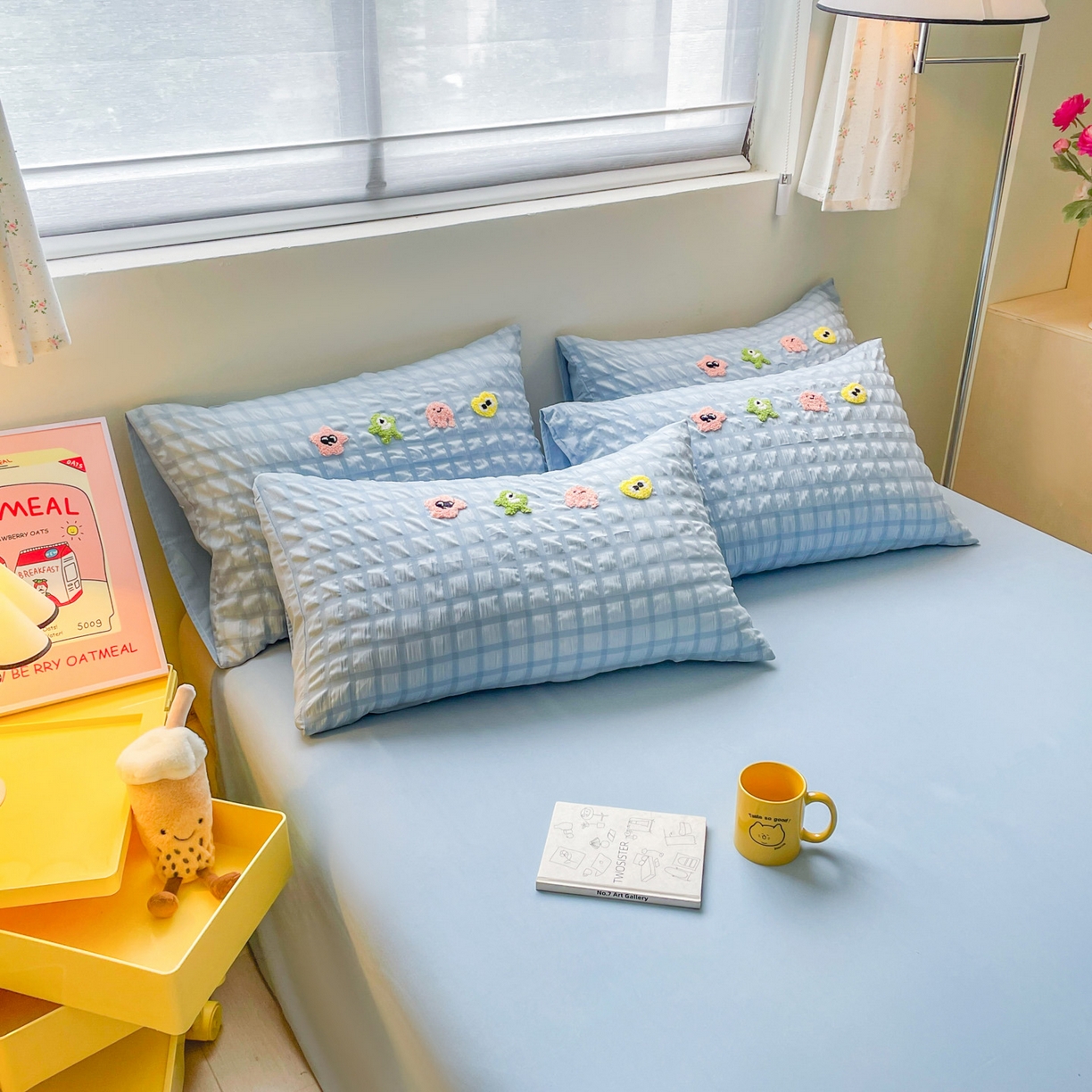 91家纺网 家纺一手货源 找家纺 千希家纺 2025新款高克重超柔泡泡纱毛巾绣泡芙精灵系列四件套 泡芙精灵-天空蓝