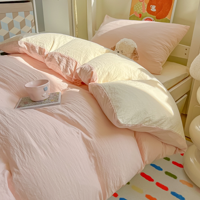 91家纺网 家纺一手货源 找家纺 韩巢家纺 2025新款纯色水洗棉寝室上下铺三件套学生宿舍床上三件套 水洗棉浅粉黄