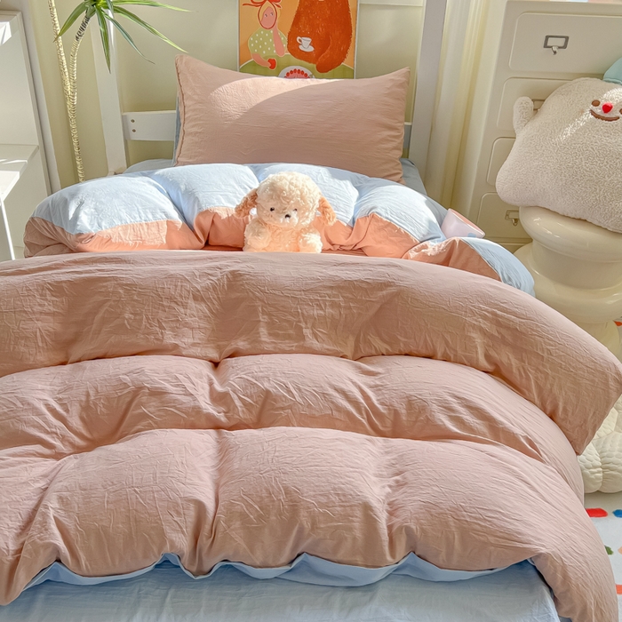 91家纺网 家纺一手货源 找家纺 韩巢家纺 2025新款纯色水洗棉寝室上下铺三件套学生宿舍床上三件套 水洗棉咖蓝