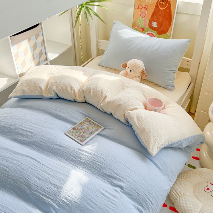 91家纺网 家纺一手货源 找家纺 韩巢家纺 2025新款纯色水洗棉寝室上下铺三件套学生宿舍床上三件套 水洗棉浅蓝黄