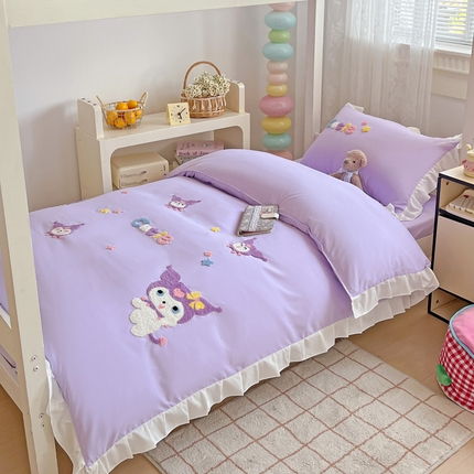 91家纺网 家纺一手货源 找家纺 （总）雨菲家纺 2025新款学生季水洗棉毛巾绣花荷叶花边三件套四件套床单床笠款