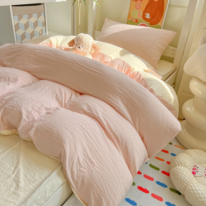 91家纺网 家纺一手货源 找家纺 韩巢家纺 2025新款纯色水洗棉寝室上下铺三件套学生宿舍床上三件套 水洗棉浅粉黄