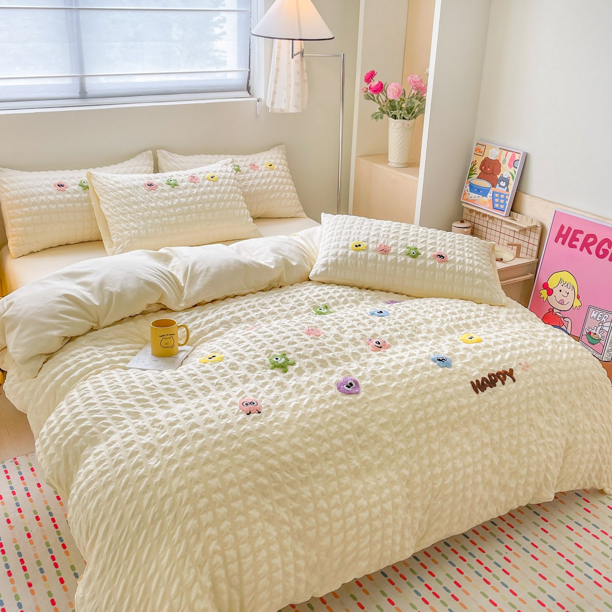 91家纺网 家纺一手货源 找家纺 千希家纺 2025新款高克重超柔泡泡纱毛巾绣泡芙精灵系列四件套 泡芙精灵-奶油黄