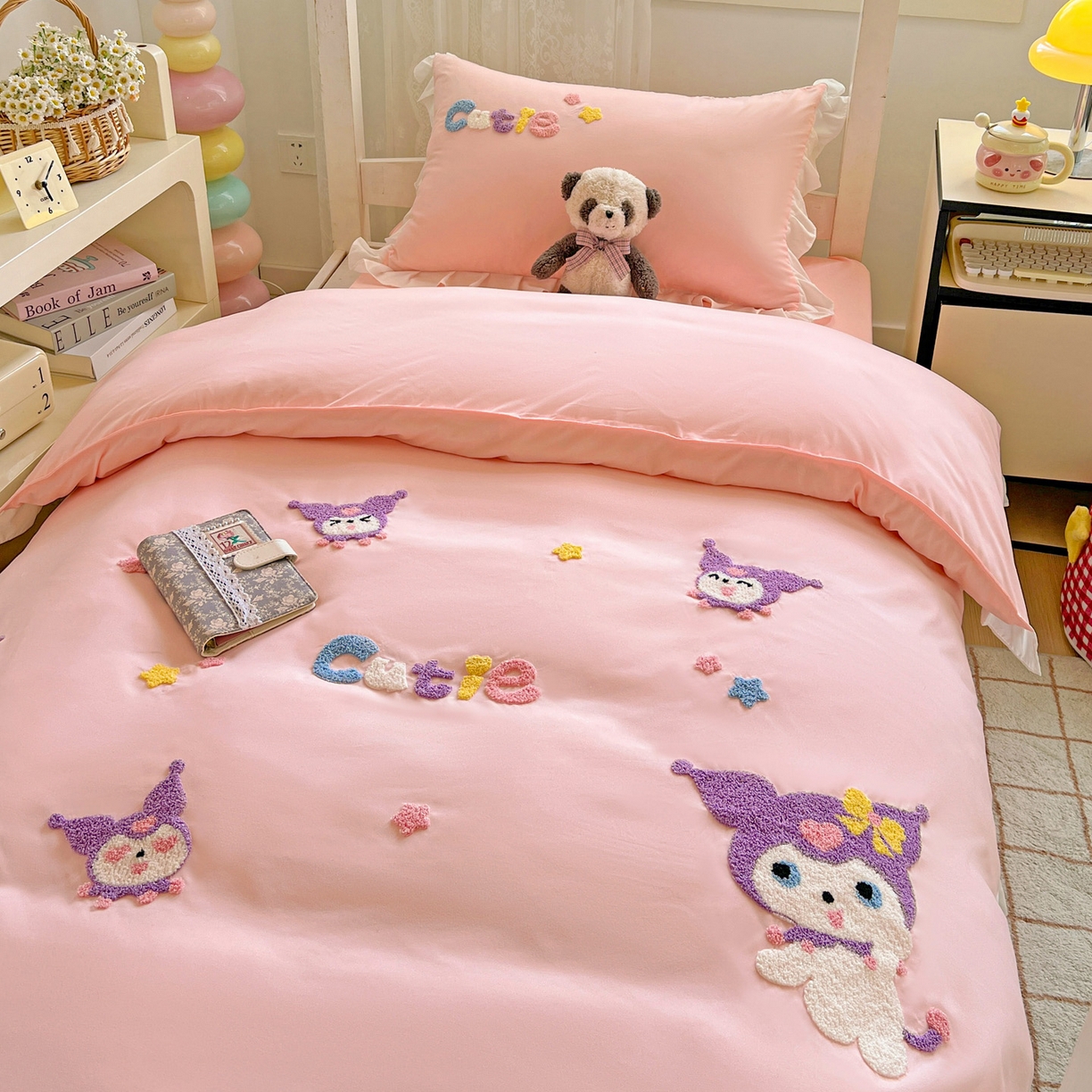 91家纺网 家纺一手货源 找家纺 雨菲家纺 2025新款学生季水洗棉毛巾绣花荷叶花边三件套四件套床单床笠款 米米兔粉