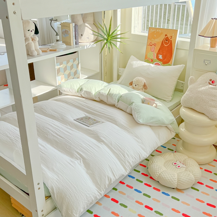 91家纺网 家纺一手货源 找家纺 韩巢家纺 2025新款纯色水洗棉寝室上下铺三件套学生宿舍床上三件套 水洗棉白绿