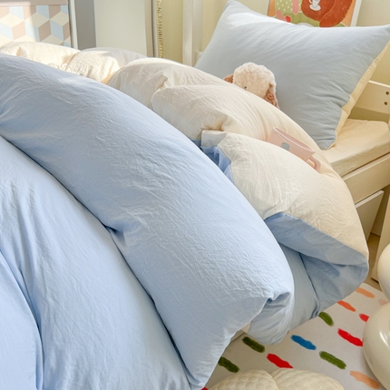 91家纺网 家纺一手货源 找家纺 韩巢家纺 2025新款纯色水洗棉寝室上下铺三件套学生宿舍床上三件套 水洗棉浅蓝黄