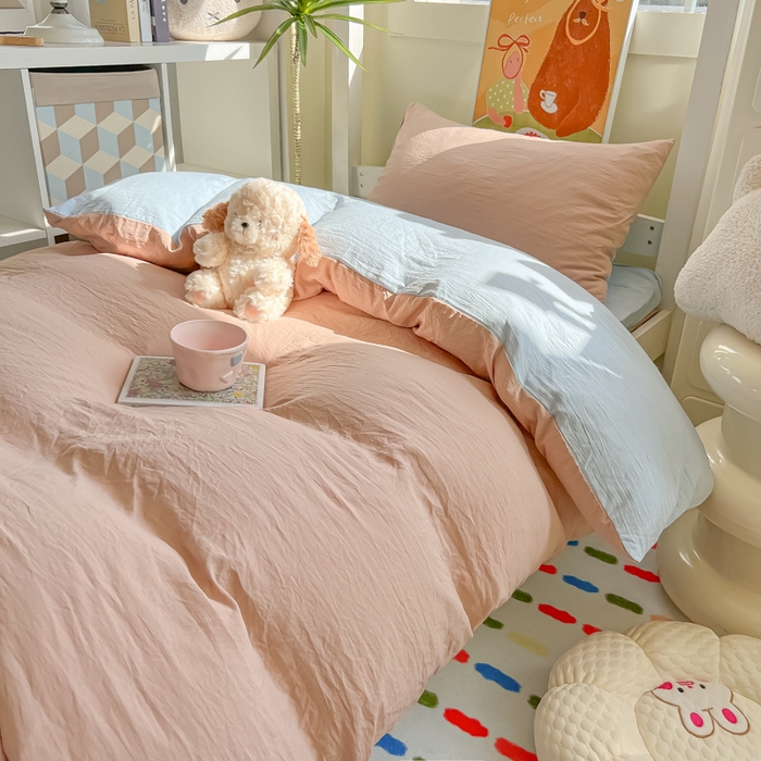 91家纺网 家纺一手货源 找家纺 韩巢家纺 2025新款纯色水洗棉寝室上下铺三件套学生宿舍床上三件套 水洗棉咖蓝