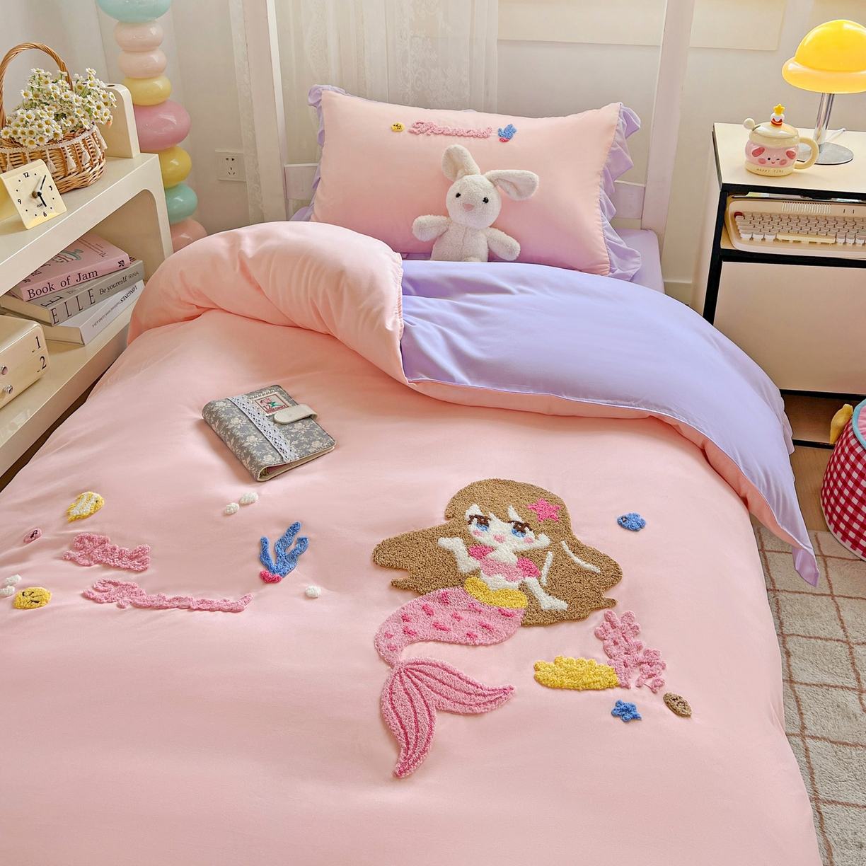 91家纺网 家纺一手货源 找家纺 雨菲家纺 2025新款学生季水洗棉毛巾绣花荷叶花边三件套四件套床单床笠款 美人鱼粉紫