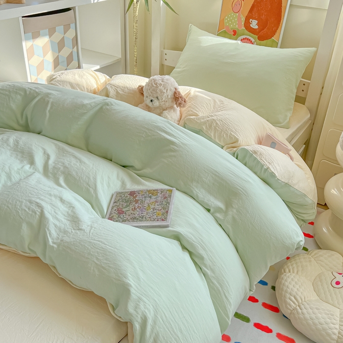 91家纺网 家纺一手货源 找家纺 韩巢家纺 2025新款纯色水洗棉寝室上下铺三件套学生宿舍床上三件套 水洗棉浅绿黄