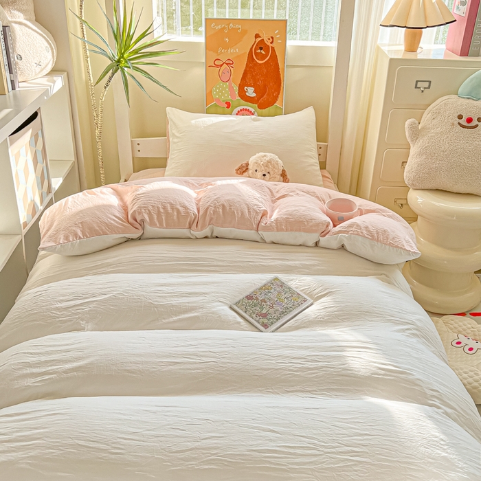 91家纺网 家纺一手货源 找家纺 韩巢家纺 2025新款纯色水洗棉寝室上下铺三件套学生宿舍床上三件套 水洗棉白浅粉