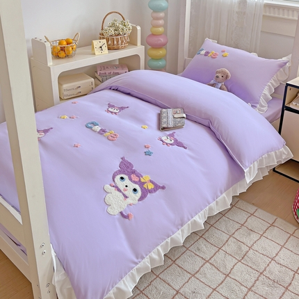 雨菲家纺 2025新款学生季水洗棉毛巾绣花荷叶花边三件套四件套床单床笠款 米米兔紫