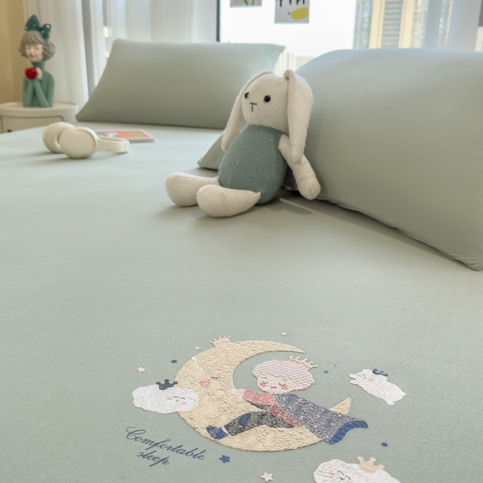 91家纺网 家纺一手货源 找家纺 米菲 2025新款高密针织棉印花床笠-梦幻 梦幻--苹果绿