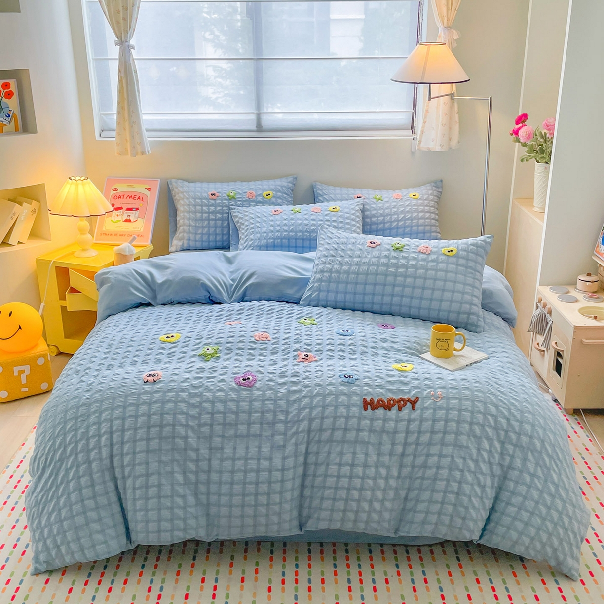 91家纺网 家纺一手货源 找家纺 千希家纺 2025新款高克重超柔泡泡纱毛巾绣泡芙精灵系列四件套 泡芙精灵-天空蓝