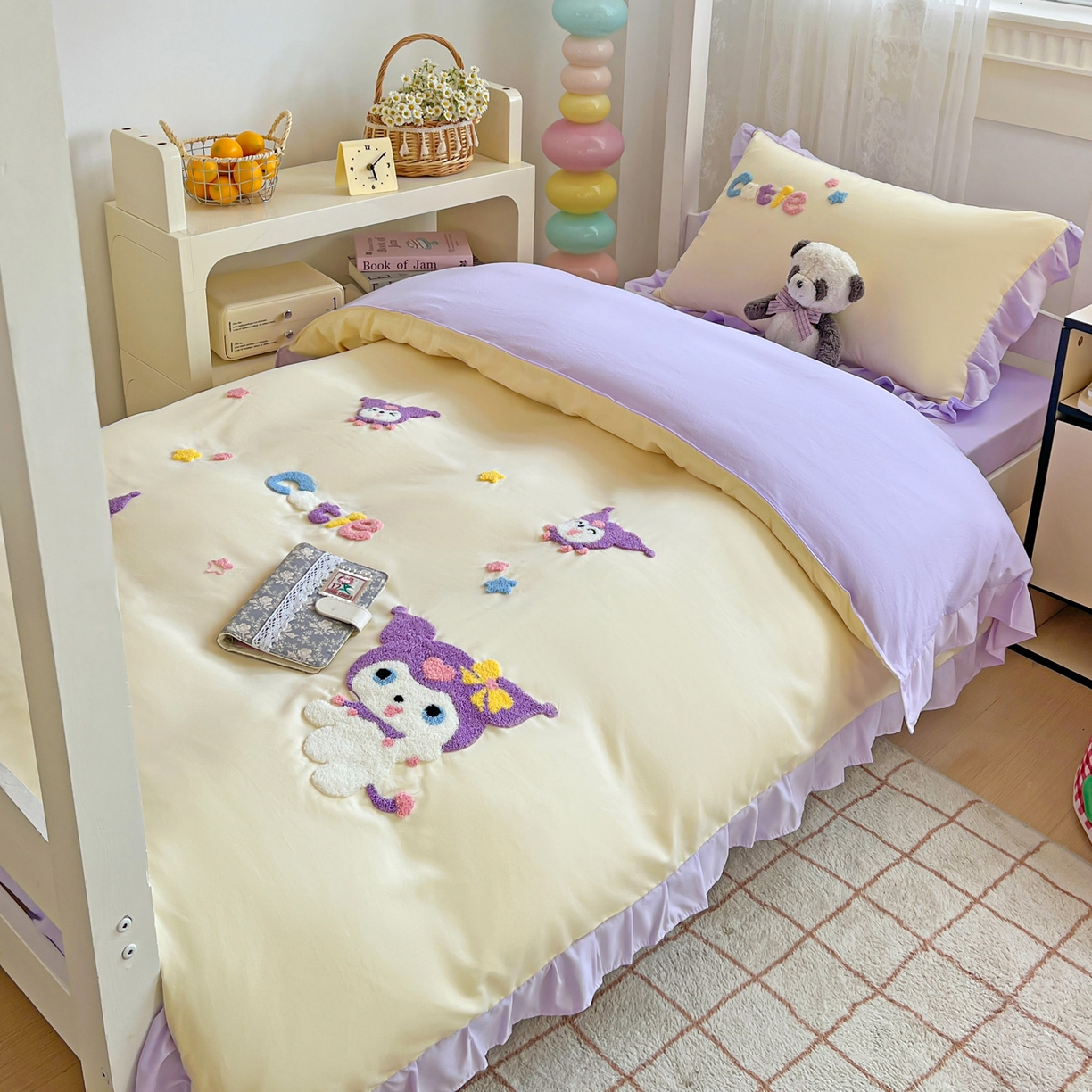 91家纺网 家纺一手货源 找家纺 雨菲家纺 2025新款学生季水洗棉毛巾绣花荷叶花边三件套四件套床单床笠款 米米兔杏紫