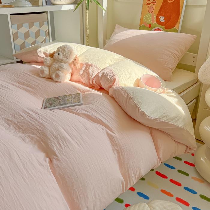 91家纺网 家纺一手货源 找家纺 韩巢家纺 2025新款纯色水洗棉寝室上下铺三件套学生宿舍床上三件套 水洗棉浅粉黄