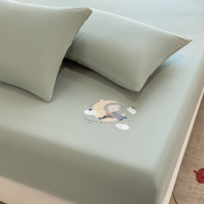 91家纺网 家纺一手货源 找家纺 米菲 2025新款高密针织棉印花床笠-梦幻 梦幻--苹果绿