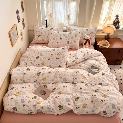 晚爱家纺（原晚安家居） 2025新款超柔水洗棉四件套卡通小清新学生宿舍三件套 粉色狗狗