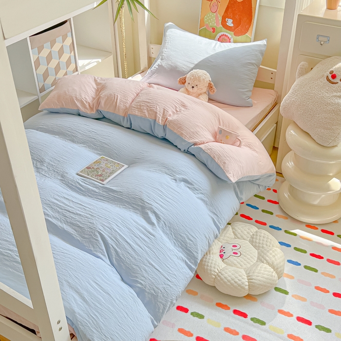 91家纺网 家纺一手货源 找家纺 韩巢家纺 2025新款纯色水洗棉寝室上下铺三件套学生宿舍床上三件套 水洗棉蓝粉