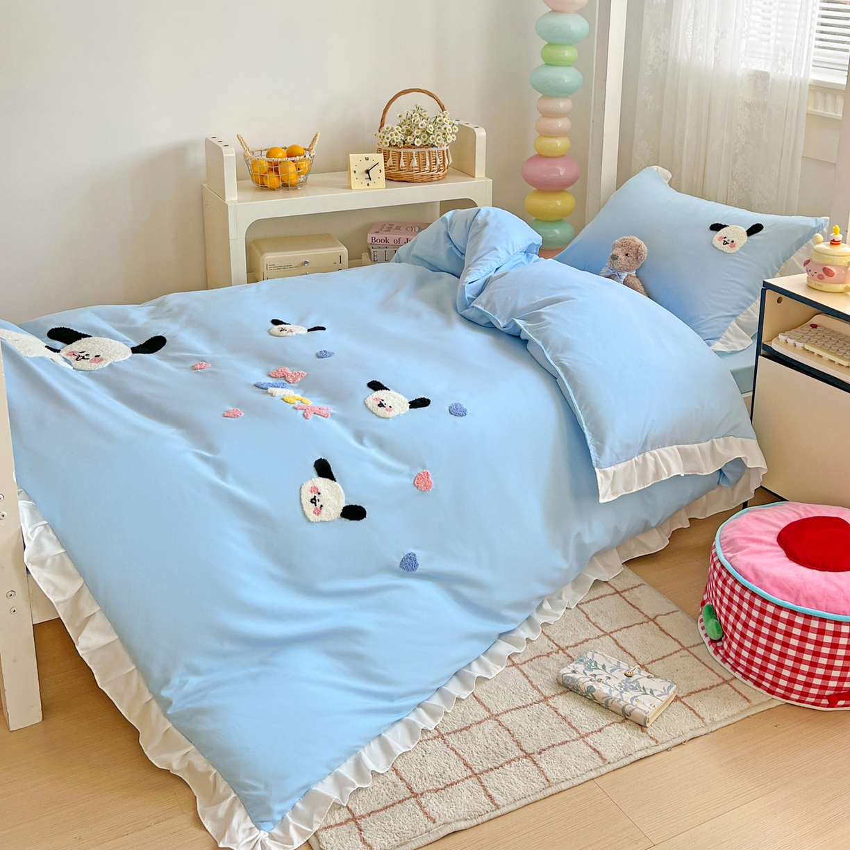 91家纺网 家纺一手货源 找家纺 雨菲家纺 2025新款学生季水洗棉毛巾绣花荷叶花边三件套四件套床单床笠款 开心狗蓝