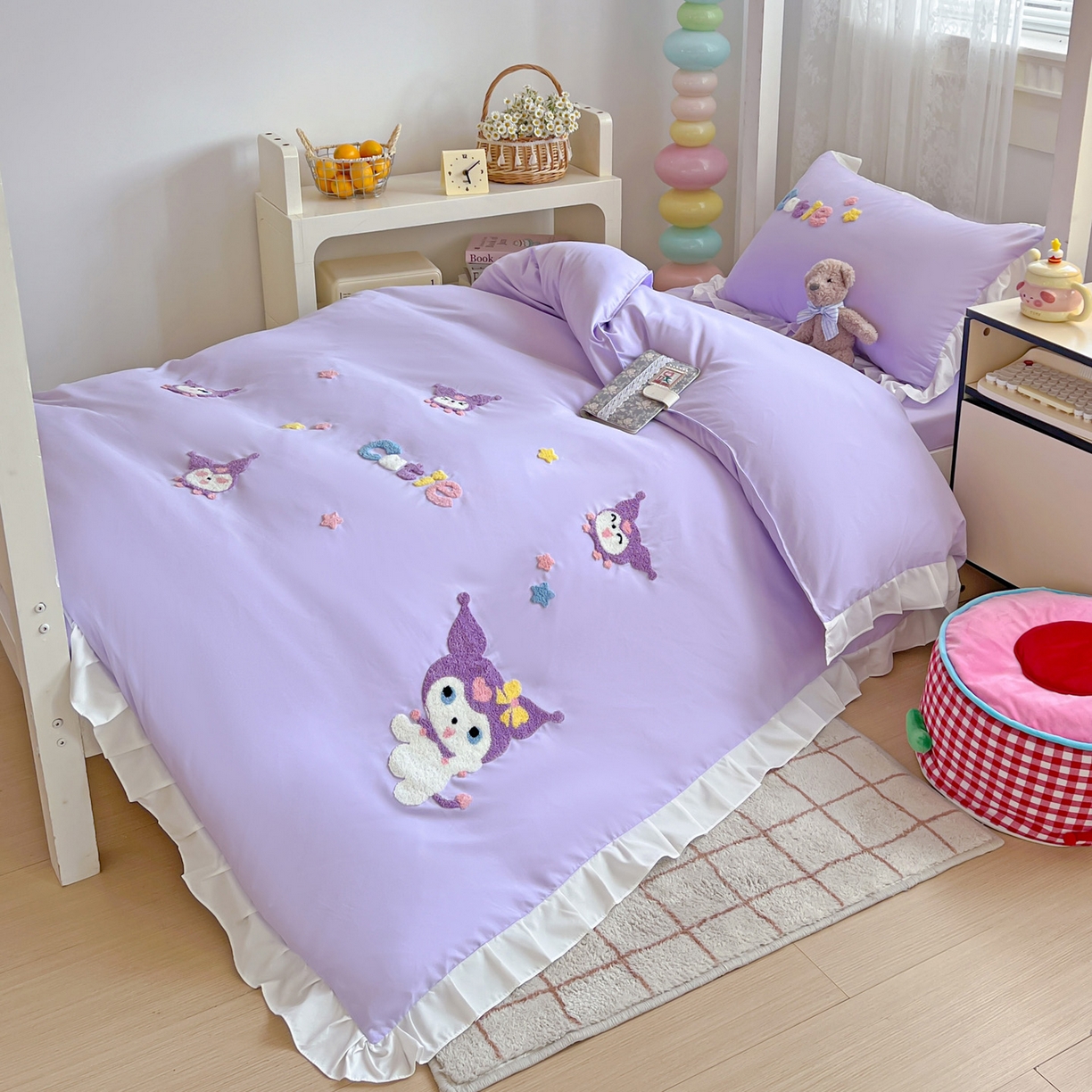 91家纺网 家纺一手货源 找家纺 雨菲家纺 2025新款学生季水洗棉毛巾绣花荷叶花边三件套四件套床单床笠款 米米兔紫