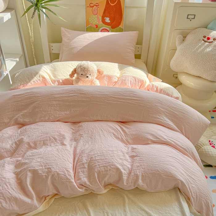 91家纺网 家纺一手货源 找家纺 韩巢家纺 2025新款纯色水洗棉寝室上下铺三件套学生宿舍床上三件套 水洗棉浅粉黄