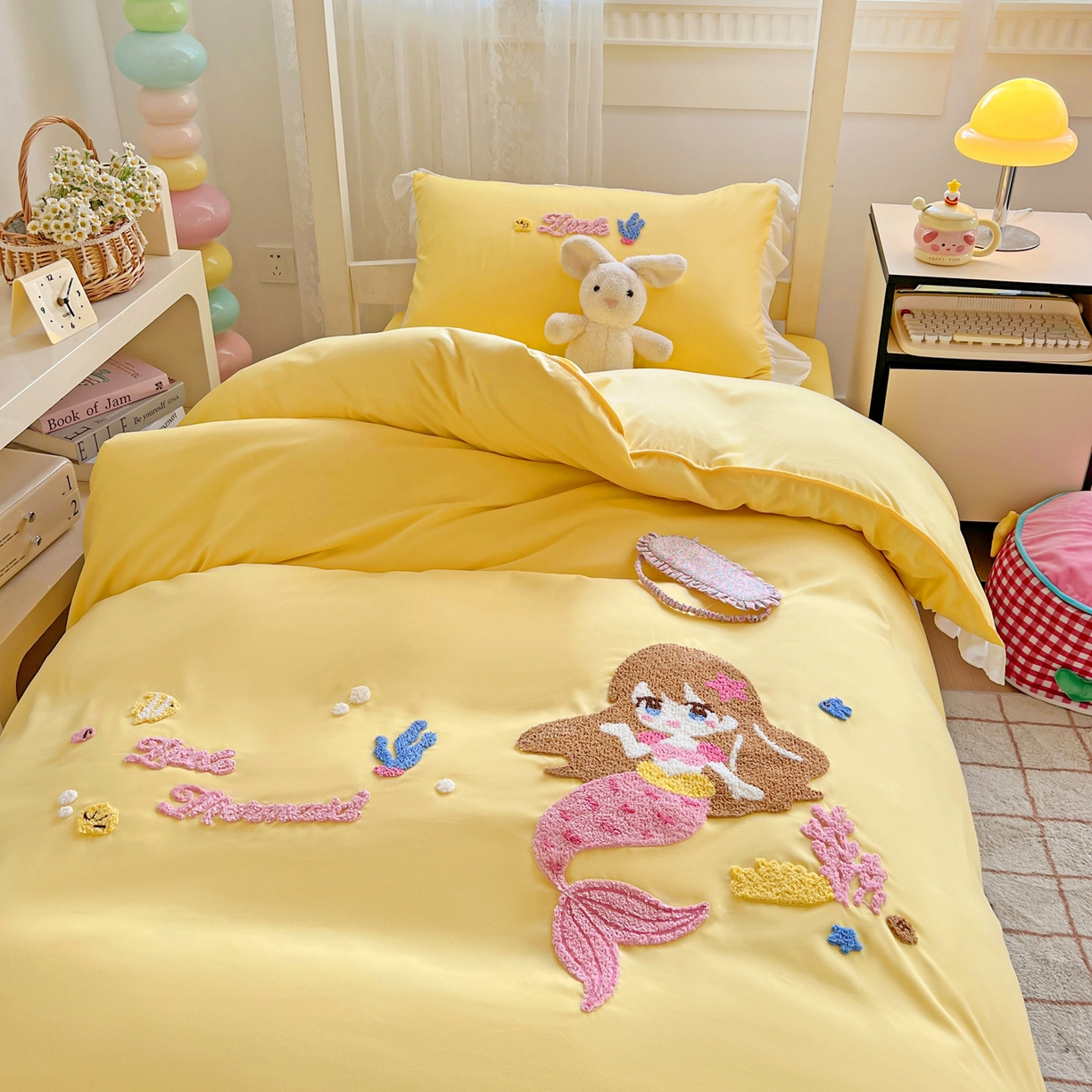 91家纺网 家纺一手货源 找家纺 雨菲家纺 2025新款学生季水洗棉毛巾绣花荷叶花边三件套四件套床单床笠款 美人鱼黄