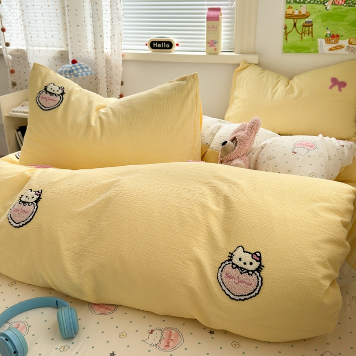 91家纺网 家纺一手货源 找家纺 三元色 2025新款云感毛巾绣四件套 爱心猫咪-黄