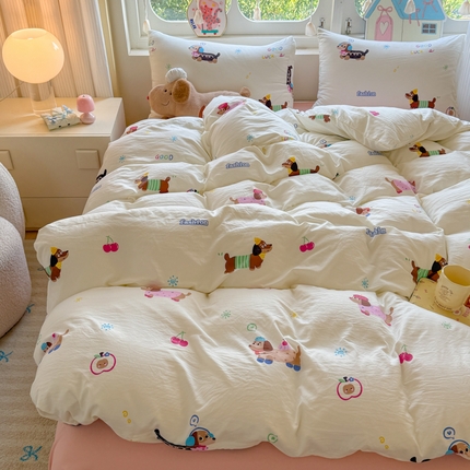 晚爱家纺（原晚安家居） 2025新款超柔水洗棉四件套卡通小清新学生宿舍三件套 腊肠狗