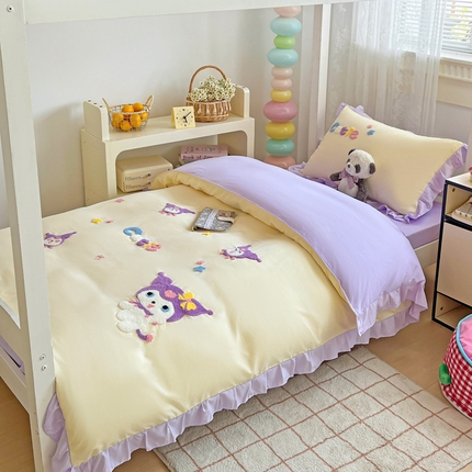 91家纺网 家纺一手货源 找家纺 （总）雨菲家纺 2025新款学生季水洗棉毛巾绣花荷叶花边三件套四件套床单床笠款