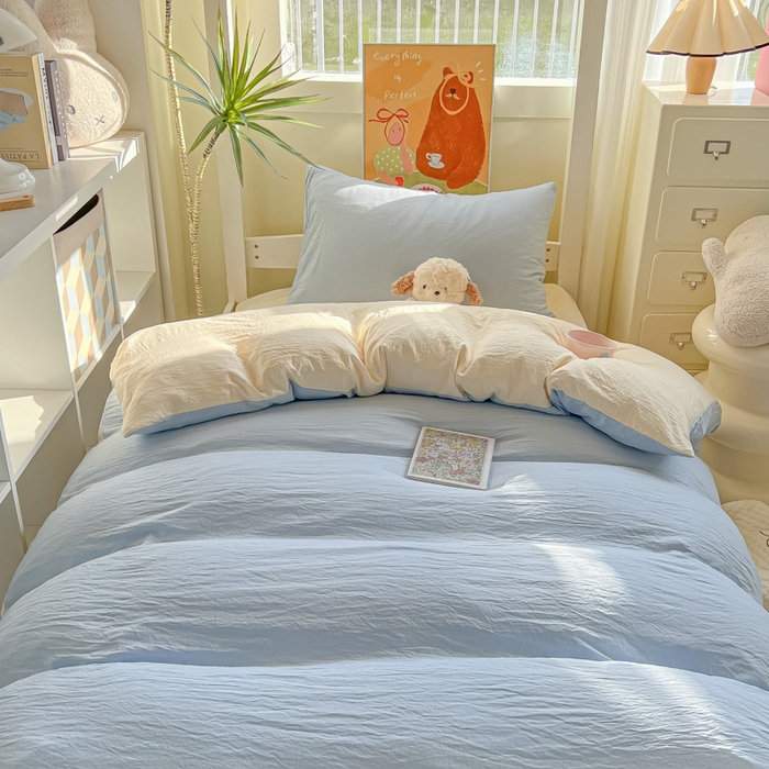 91家纺网 家纺一手货源 找家纺 韩巢家纺 2025新款纯色水洗棉寝室上下铺三件套学生宿舍床上三件套 水洗棉浅蓝黄