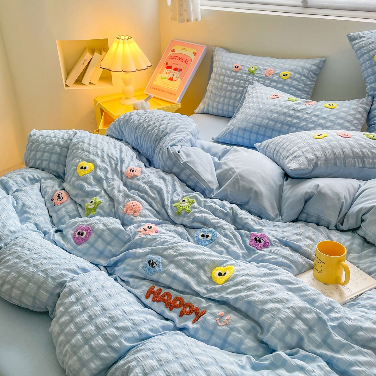 91家纺网 家纺一手货源 找家纺 千希家纺 2025新款高克重超柔泡泡纱毛巾绣泡芙精灵系列四件套 泡芙精灵-天空蓝