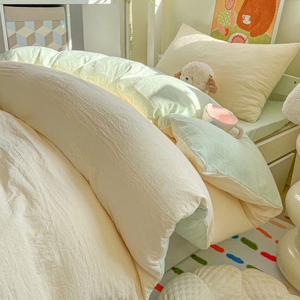 韩巢家纺 2025新款纯色水洗棉寝室上下铺三件套学生宿舍床上三件套 水洗棉奶黄绿