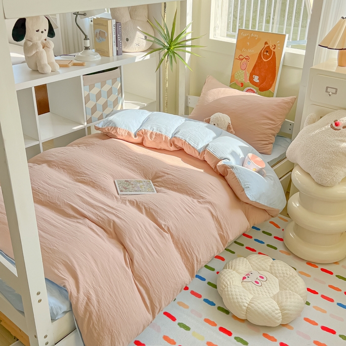 91家纺网 家纺一手货源 找家纺 韩巢家纺 2025新款纯色水洗棉寝室上下铺三件套学生宿舍床上三件套 水洗棉咖蓝