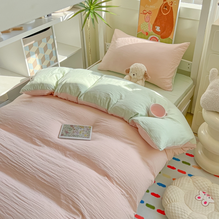 91家纺网 家纺一手货源 找家纺 韩巢家纺 2025新款纯色水洗棉寝室上下铺三件套学生宿舍床上三件套 水洗棉浅粉绿