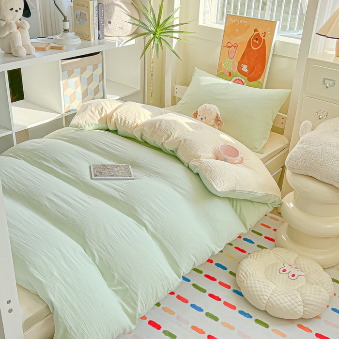 91家纺网 家纺一手货源 找家纺 韩巢家纺 2025新款纯色水洗棉寝室上下铺三件套学生宿舍床上三件套 水洗棉浅绿黄