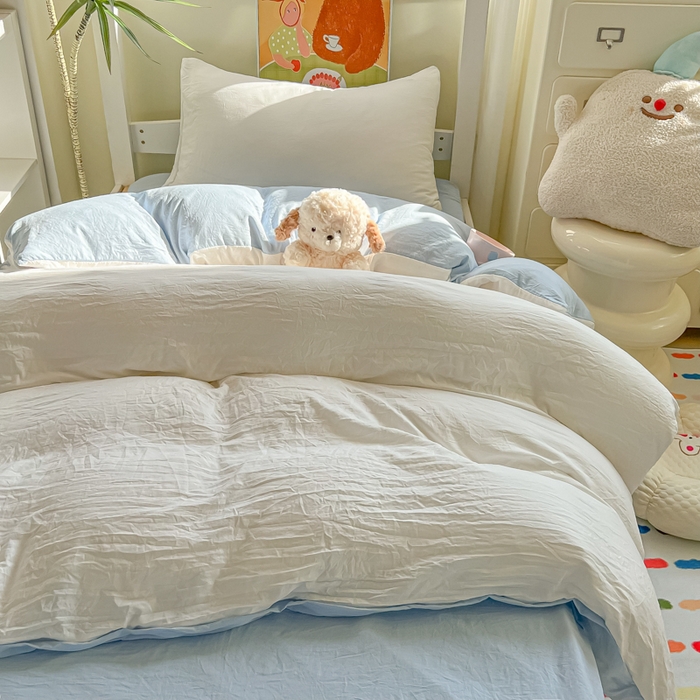 91家纺网 家纺一手货源 找家纺 韩巢家纺 2025新款纯色水洗棉寝室上下铺三件套学生宿舍床上三件套 水洗棉白蓝