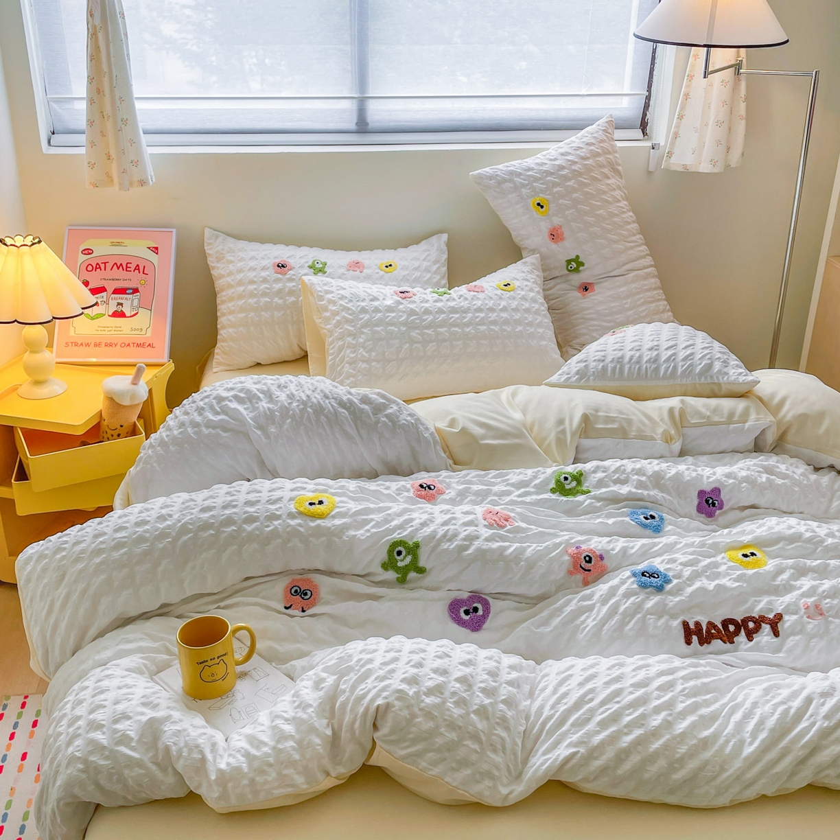 91家纺网 家纺一手货源 找家纺 （总）千希家纺 2025新款高克重超柔泡泡纱毛巾绣泡芙精灵系列四件套