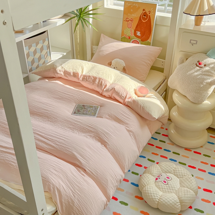 91家纺网 家纺一手货源 找家纺 韩巢家纺 2025新款纯色水洗棉寝室上下铺三件套学生宿舍床上三件套 水洗棉浅粉黄