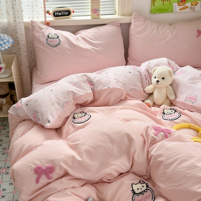 91家纺网 家纺一手货源 找家纺 三元色 2025新款云感毛巾绣四件套 爱心猫咪-粉