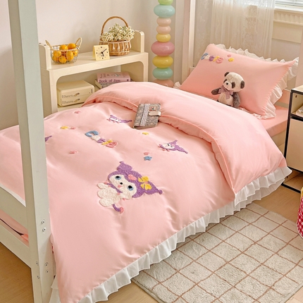 雨菲家纺 2025新款学生季水洗棉毛巾绣花荷叶花边三件套四件套床单床笠款 米米兔粉