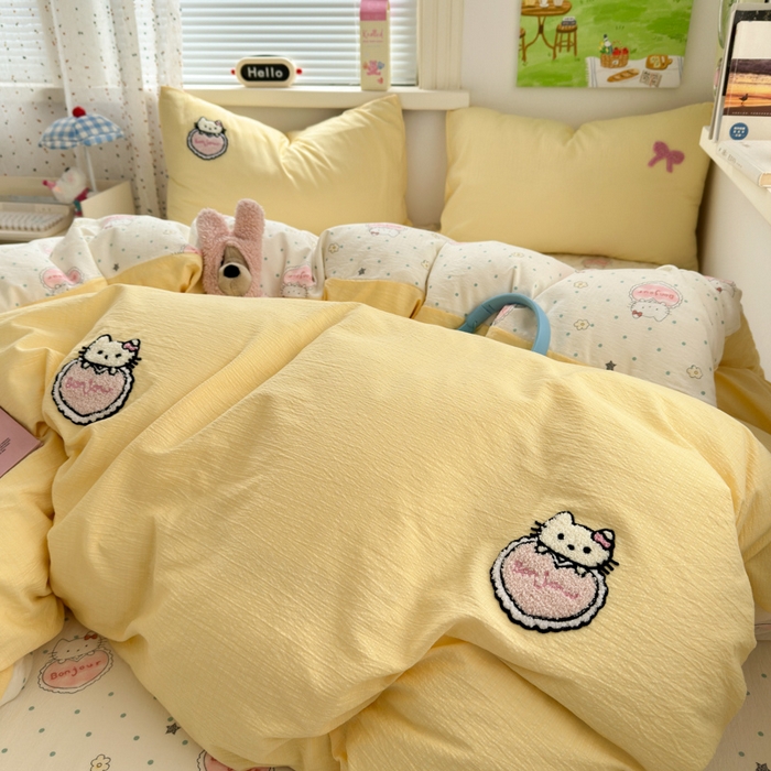 91家纺网 家纺一手货源 找家纺 三元色 2025新款云感毛巾绣四件套 爱心猫咪-黄