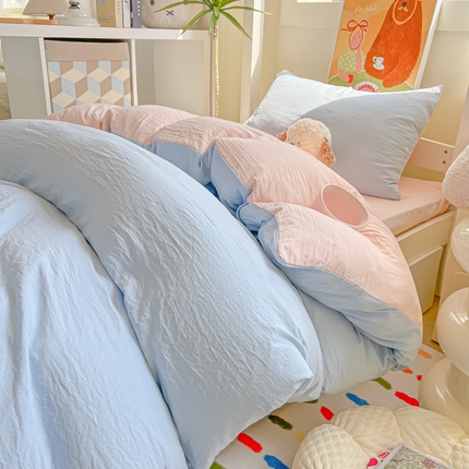 韩巢家纺 2025新款纯色水洗棉寝室上下铺三件套学生宿舍床上三件套 水洗棉蓝粉
