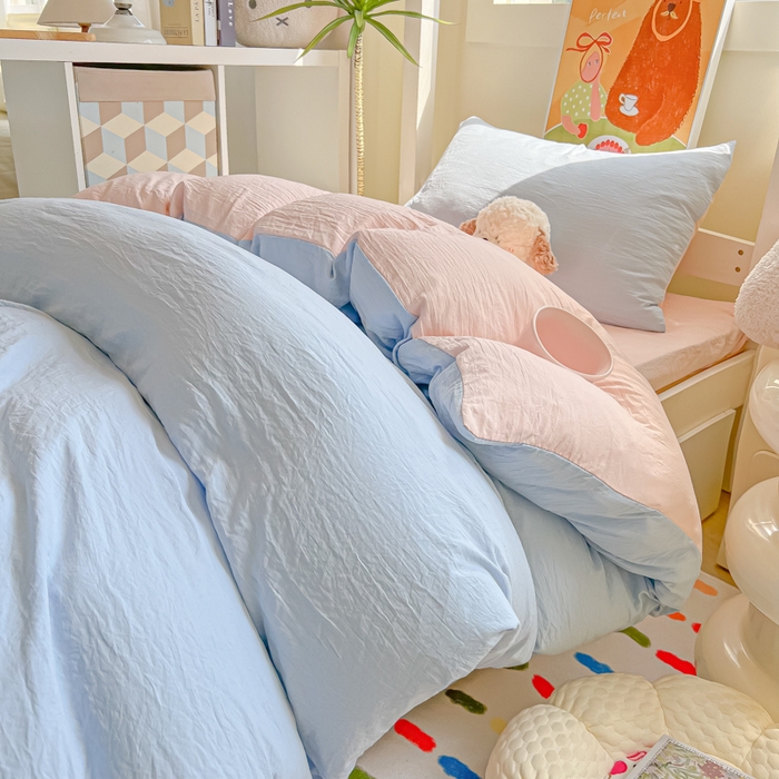 91家纺网 家纺一手货源 找家纺 韩巢家纺 2025新款纯色水洗棉寝室上下铺三件套学生宿舍床上三件套 水洗棉蓝粉