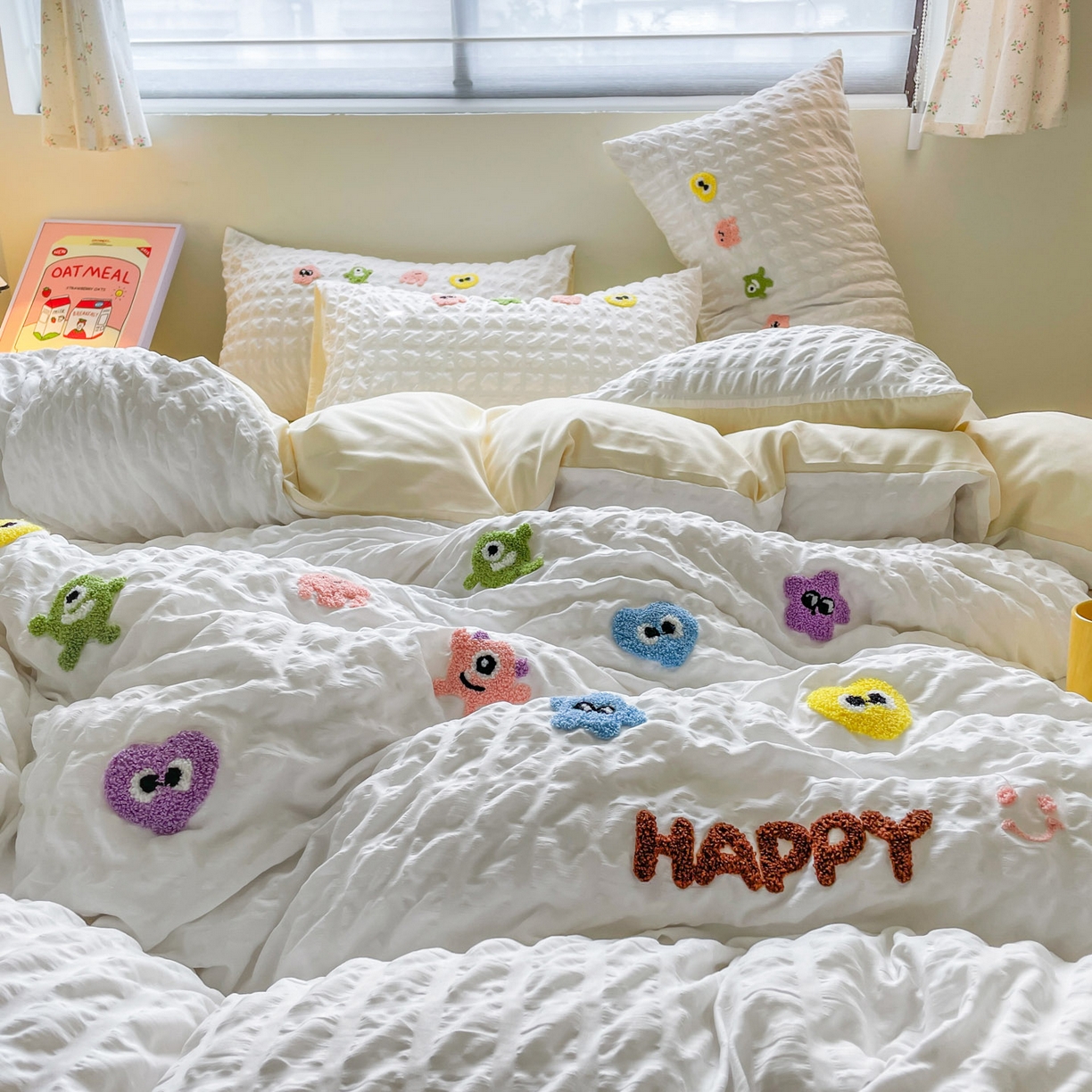 91家纺网 家纺一手货源 找家纺 千希家纺 2025新款高克重超柔泡泡纱毛巾绣泡芙精灵系列四件套 泡芙精灵-月牙白