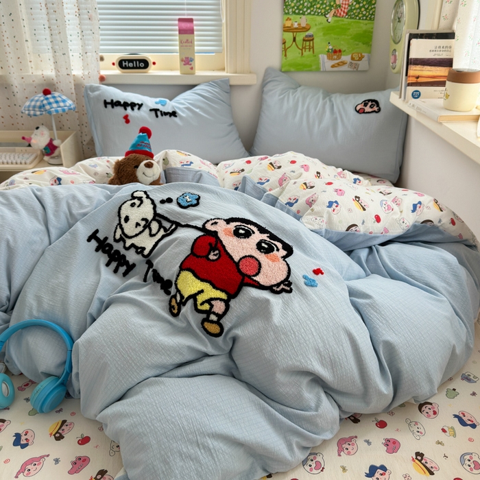 91家纺网 家纺一手货源 找家纺 三元色 2025新款云感毛巾绣四件套 调皮小新