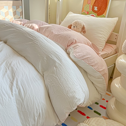 韩巢家纺 2025新款纯色水洗棉寝室上下铺三件套学生宿舍床上三件套 水洗棉白浅粉