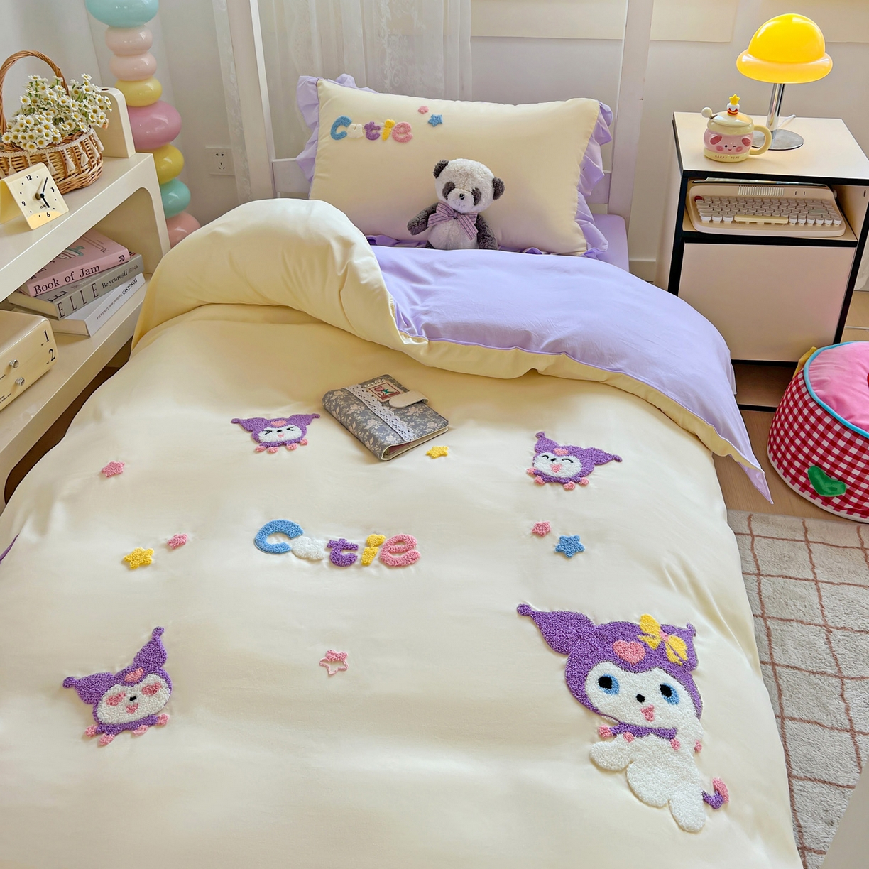 91家纺网 家纺一手货源 找家纺 雨菲家纺 2025新款学生季水洗棉毛巾绣花荷叶花边三件套四件套床单床笠款 米米兔杏紫