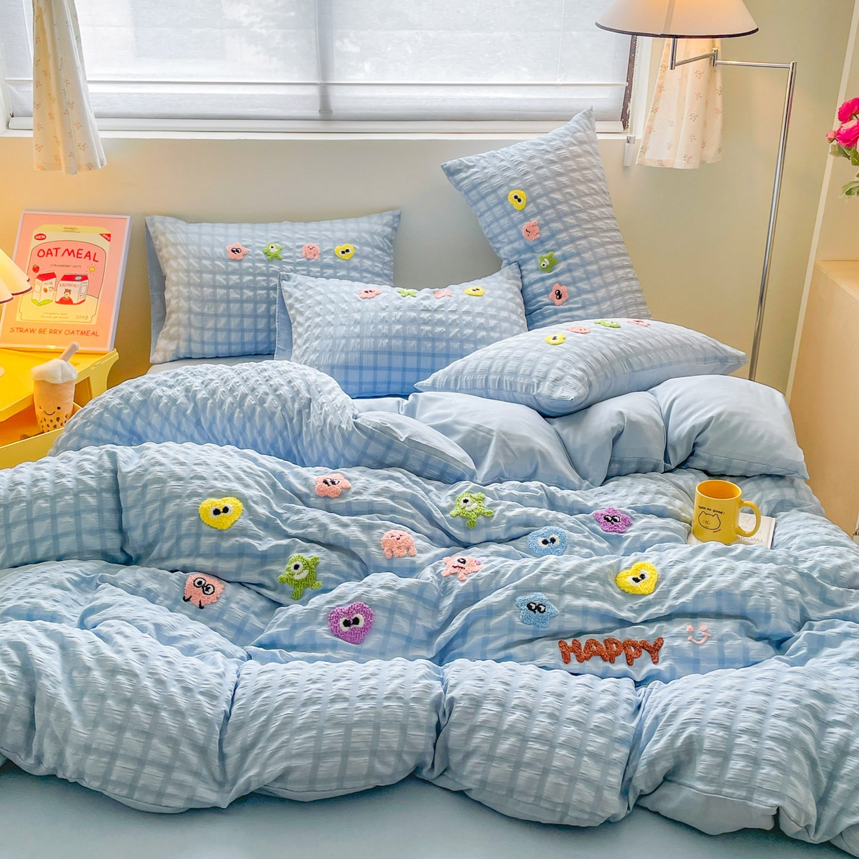 91家纺网 家纺一手货源 找家纺 千希家纺 2025新款高克重超柔泡泡纱毛巾绣泡芙精灵系列四件套 泡芙精灵-天空蓝